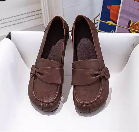 Women Bowknot Genuine Leather Round Toe Soft Sole Flat Slip-on