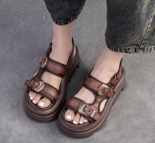 Summer Vintage Ankle Strap Thick-Soled Leather Open-Toe Breathable Sandals
