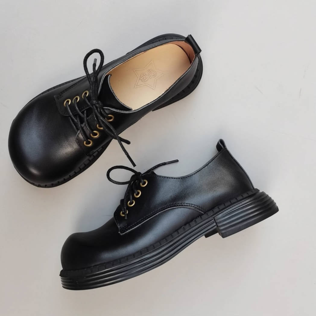 Retro Leather Round Wide Toe Comfortable Chunky Shoes