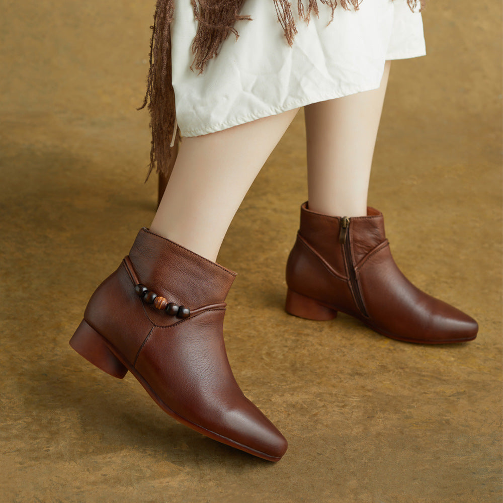 Genuine Leather Pointed Toe Beading Zipper Low Heel Ankle Boots