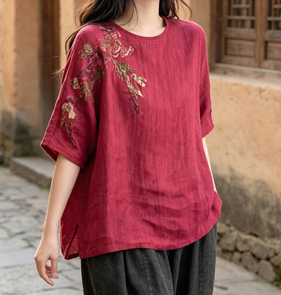 Women Vintage Embroidered Linen Drop Shoulder Loose Fit Slimming T-shirt