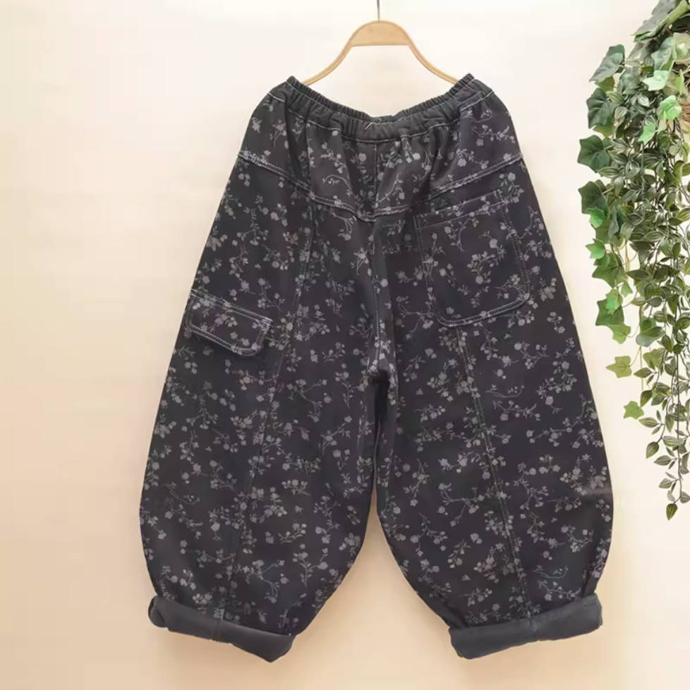 Winter Floral Printed Denim Elastic Waist Warm Plush Harem Pants