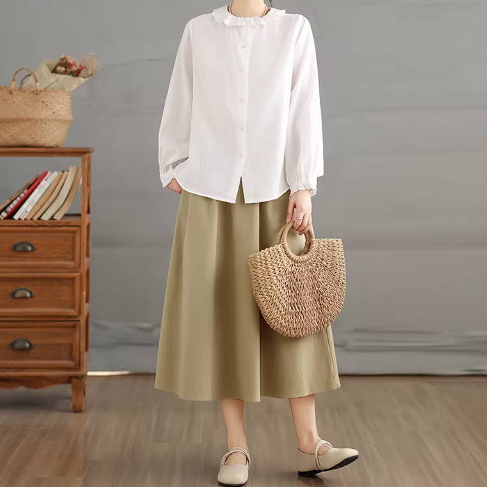 Spring Retro Cotton Linen Round Neck Ruffled Slim Comfortable Shirt