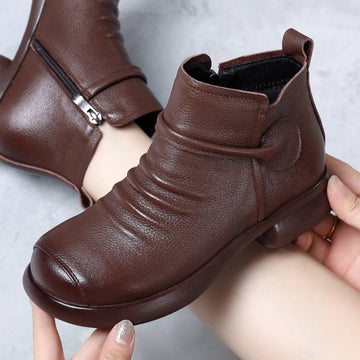 Genuine Leather Soft Sole Low Chunky  Zipper Plus Size Boots