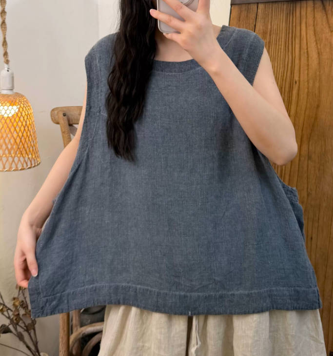 Spring Linen Stone Washed Sleeveless Casual Round Neck Shirt