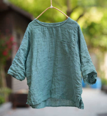 Women  Solid Color Round Neck Versatile Linen Slim Fit Casual Top