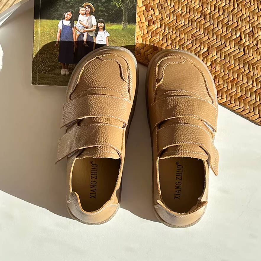 Solid Color Leather Round Toe Velcro Soft Flat Sole Everyday Shoes