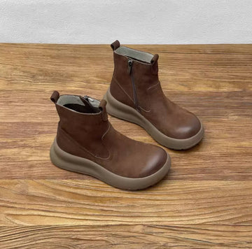 Women Vintage Top Grain Leather Casual Side-Zip Boots