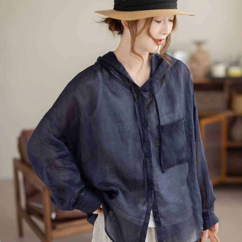 Spring Ramie Solid Color Thin Slim Loose Hoodies Breathable Shirt