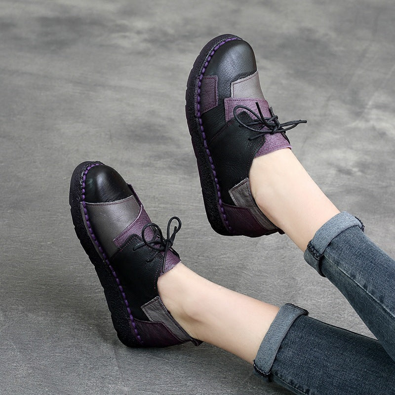 Genuine Leather Round Toe Patchwork Lace-Up Soft Flat Sole Shoes