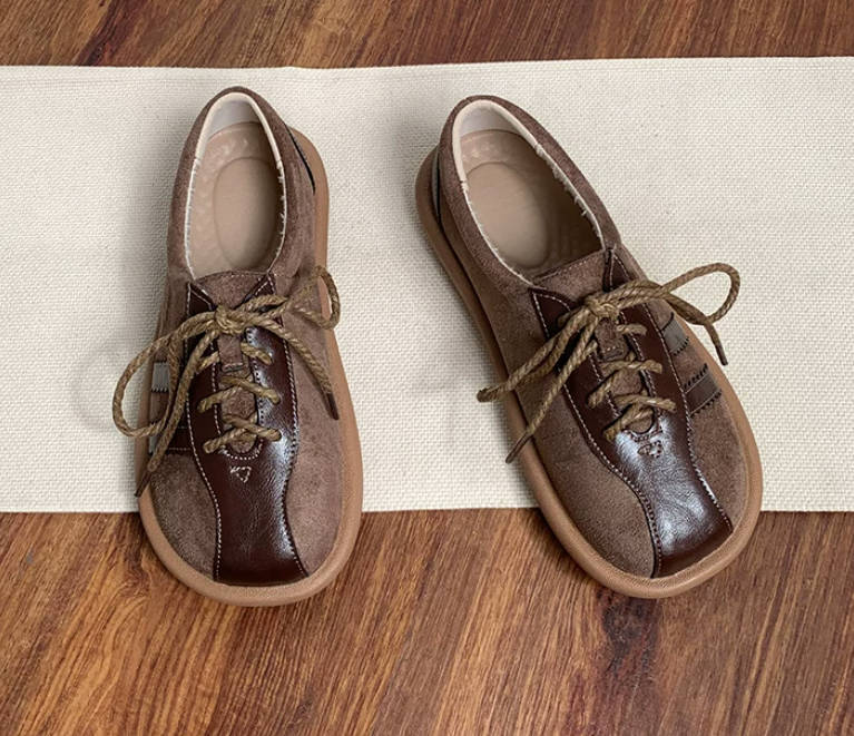 Vintage Leather Lace Up Square Toe Soft Sole Flats