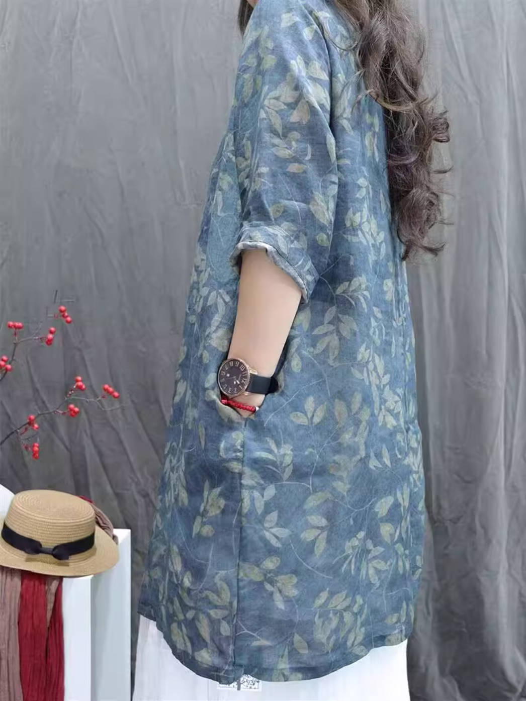 Summer Retro Ramie Floral Half Sleeves Long Loose Casual Shirt