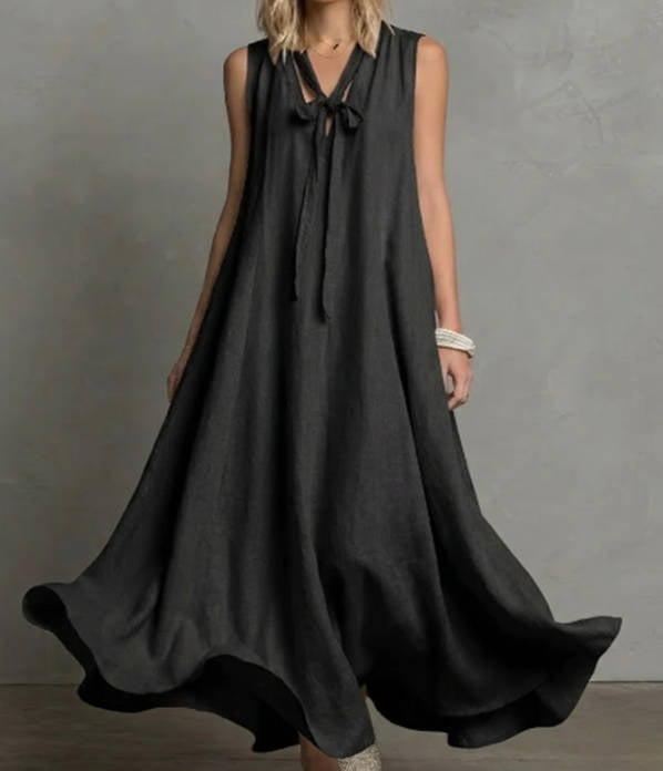 Spring Elegant Linen V-neck Tie Waist Sleeveless Dress