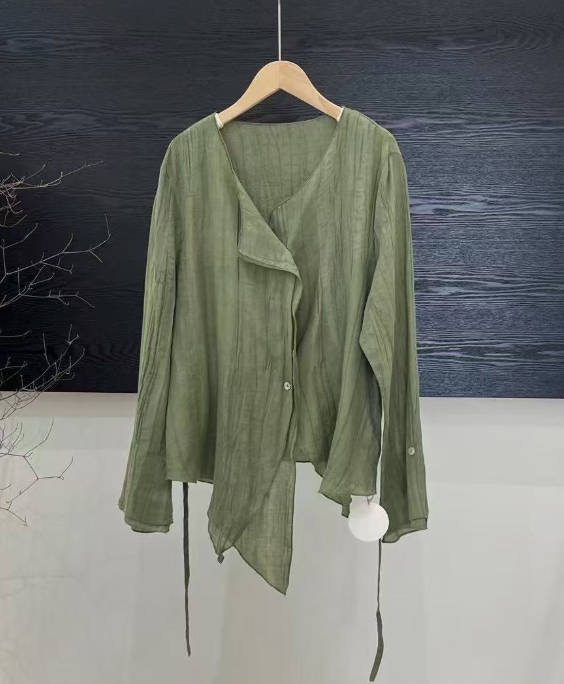 Casual Versatile Ramie Cardigan Lace Up With Belt Design Top