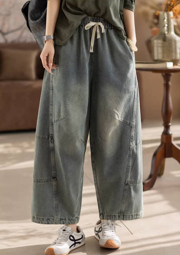 Denim Retro Washed Patchwork Versatile Elastic Waise Lace-Up Loose Jeans