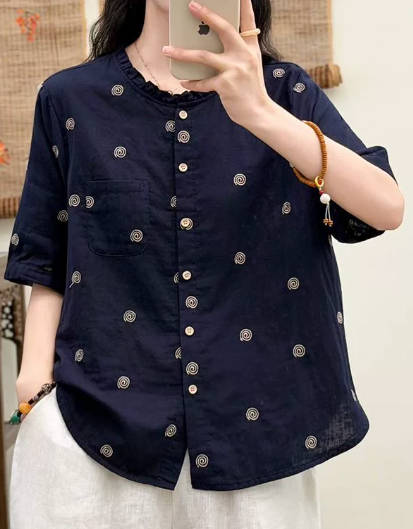 Women Vintage Embroidered Round Neck Loose Short Sleeve Shirt