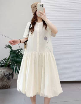 Women Floral  Cotton Linen Round Neck Loose Pullover Short Sleeve Dress
