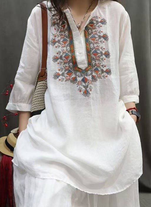 Vintage Casaul Cotton Linen Loose Half Sleeves Embroidered Top