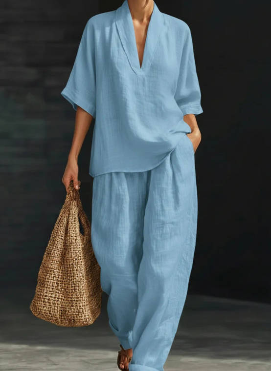 Spring Loose Solid Color Linen Casual Wide-Leg Pant Set