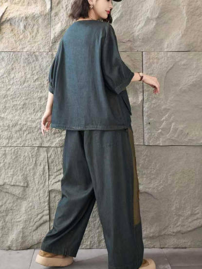 Vintage Cotton Patchwork Button Denim Short-Sleeve T-Shirt Loose Harem Pants Set