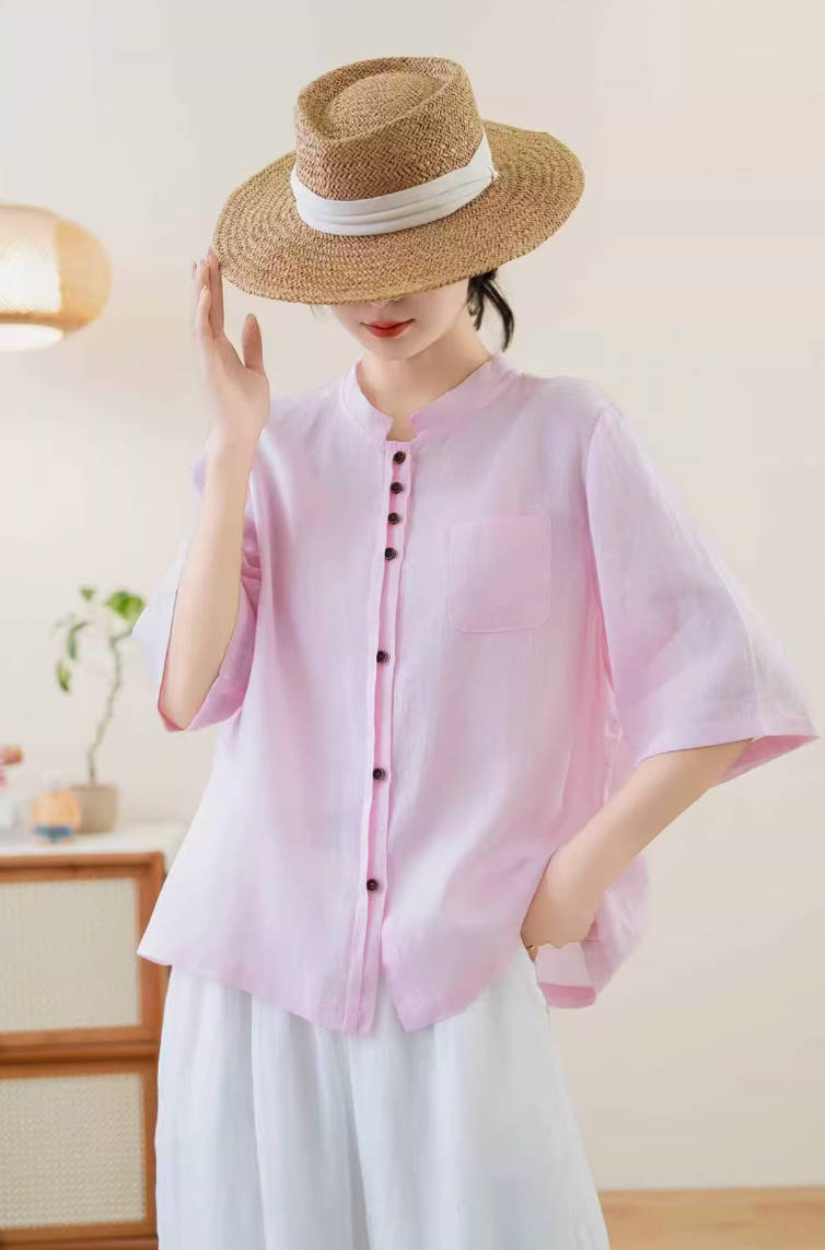 Spring Retro Ramie Comfortable Stand Neck Loose Thin Tops