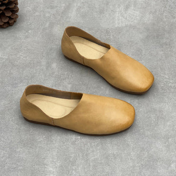Retro Top Leather Closed Round Toe Soft Comfy Slip-On Flats
