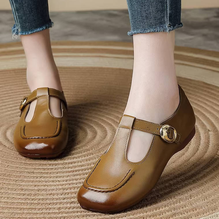 Top Leather Vintage Cut Out One Straped Square Toe Soft Sole Flats