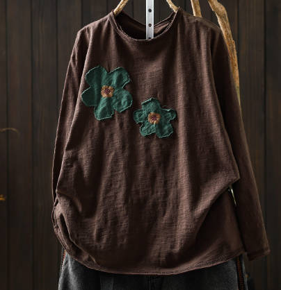 Vintage Cotton Flower Round-Neck Long-Sleeve Pullover Top