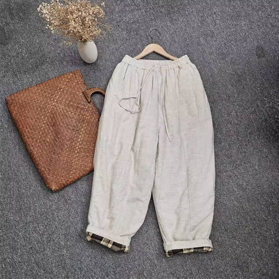 Winter Linen Solid Color Elastic Waist Loose Cotton-In Thick Pants