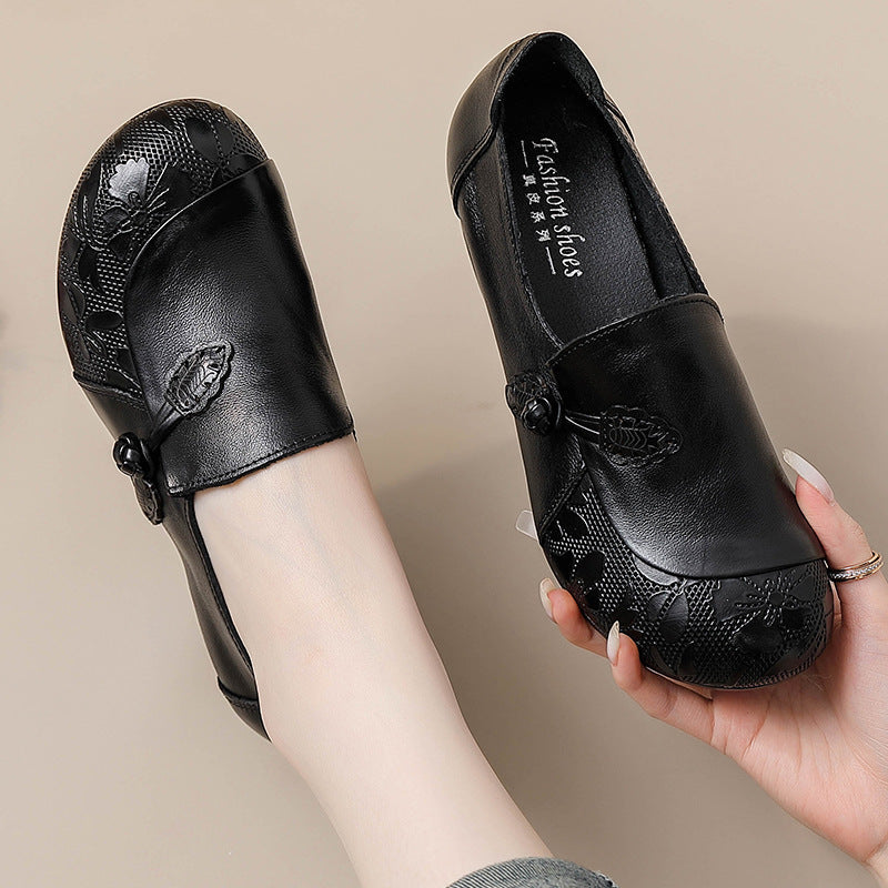 Retro Leather Round Toe Floral Printed Shallow Low Heel Shoes