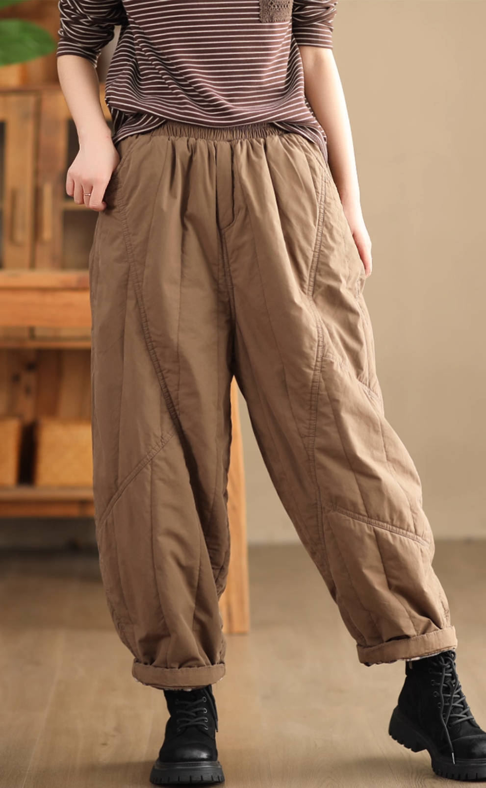 Winter Warm Cotton-In Loose Elastic Waist Wide Leg Pants