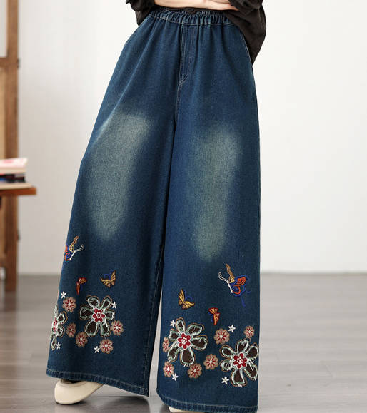 Autumn Vintage Embroidered Soft Denim Elastic Waist Wide Leg Pants