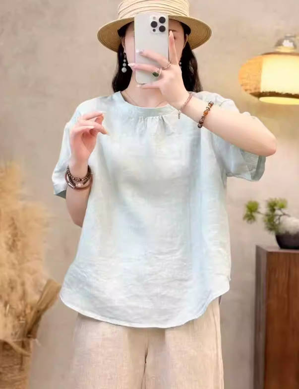 Spring Solid Color Linen Loose 3/4 Sleeve Casual Top