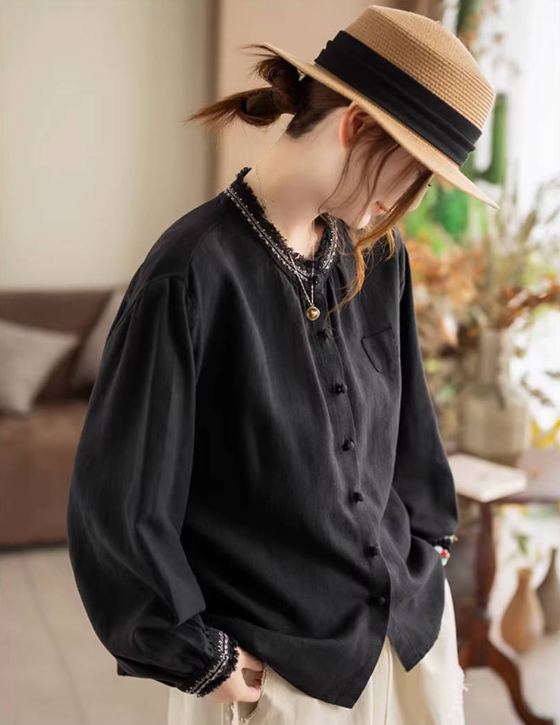 Spring Ramie Thin Embroidered Round Neck Versatile Casual Shirts