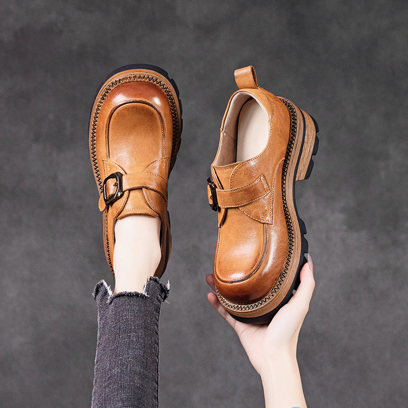 Retro Spring Leather Round Toe Straped Thick Soft Sole Casual Shoes