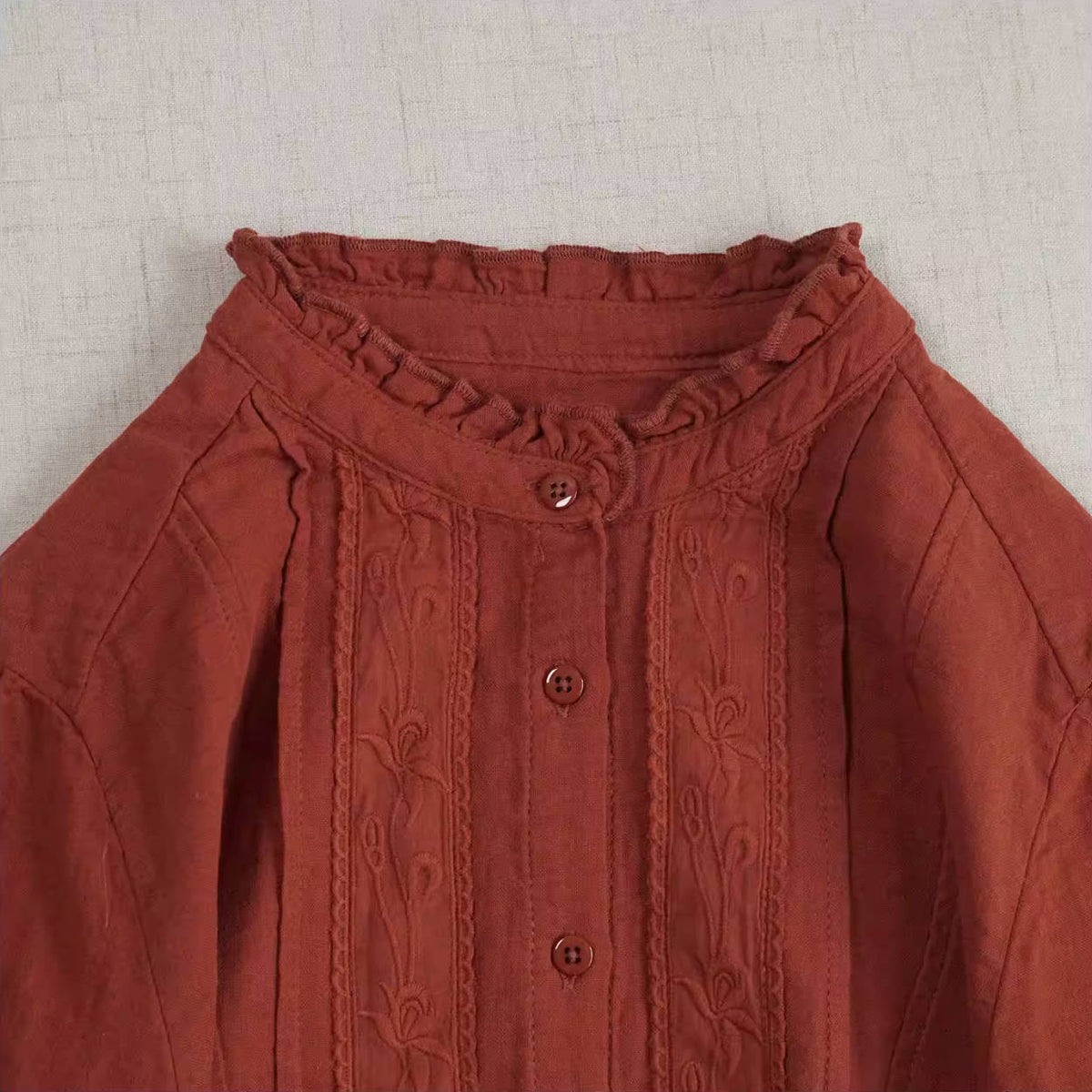 Retro Spring Ruffled Neck Accordion Pleats Solid Color Shirt