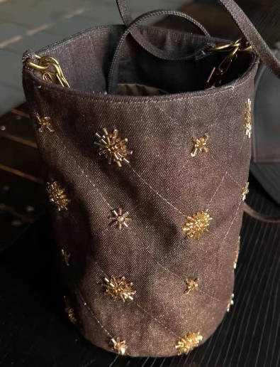 Vintage Linen Beaded Embroidery Crossbody Single Shoulder Bucket Bag