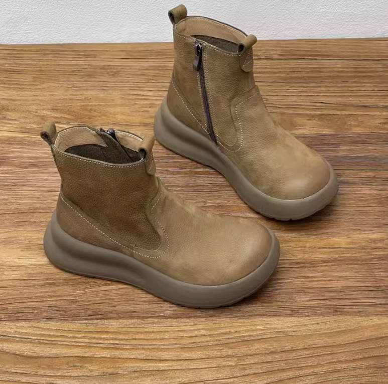 Women Vintage Top Grain Leather Casual Side-Zip Boots