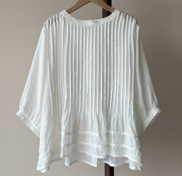 Summer Women Ramie Solid Color Ruffled Lace Half Sleeves Top