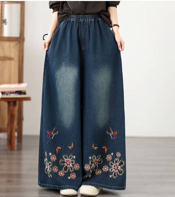 Autumn Vintage Embroidered Soft Denim Elastic Waist Wide Leg Pants