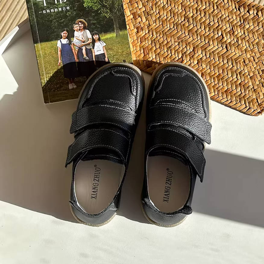 Solid Color Leather Round Toe Velcro Soft Flat Sole Everyday Shoes