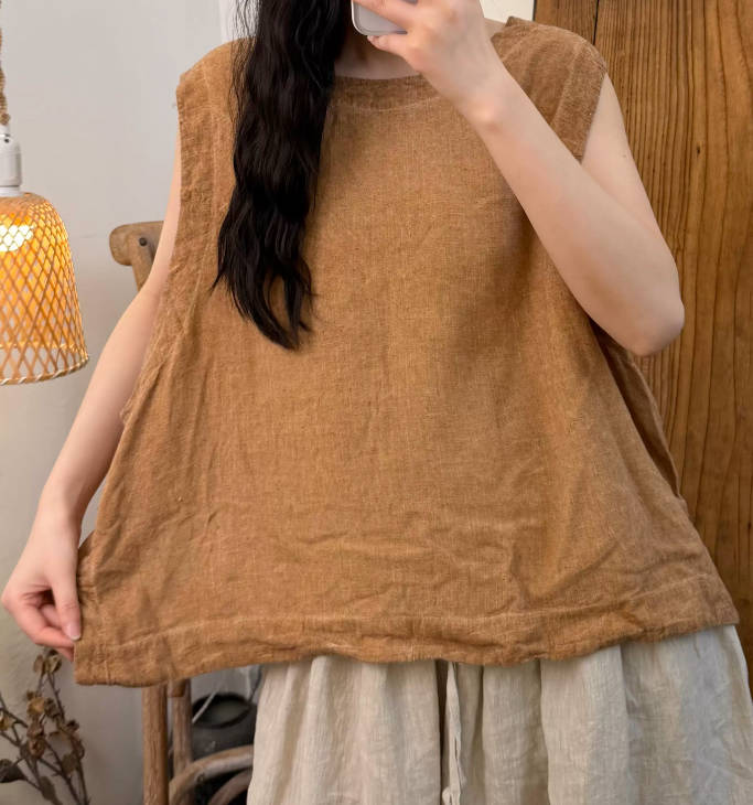 Spring Linen Stone Washed Sleeveless Casual Round Neck Shirt
