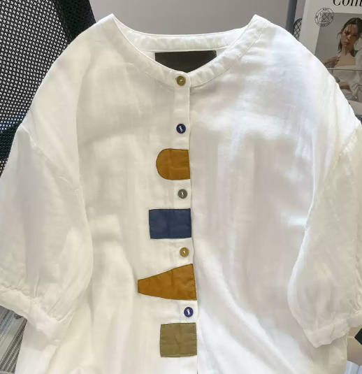 Retro Short Sleeve Patchwork Cotton-linen Casual Versatile Shirt Top
