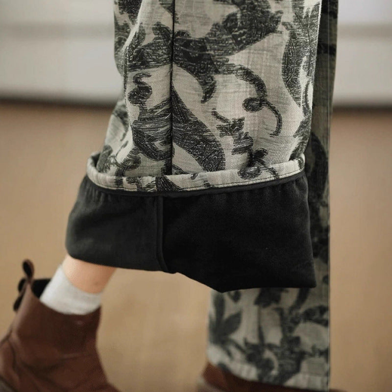 Winter Retro Cotton Printed Warm Plush Elastic Waist Loose Pants