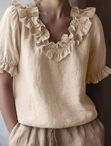 Casual Linen Solid Color Ruffled Short Sleeve Blouse Puff Sleeves Top