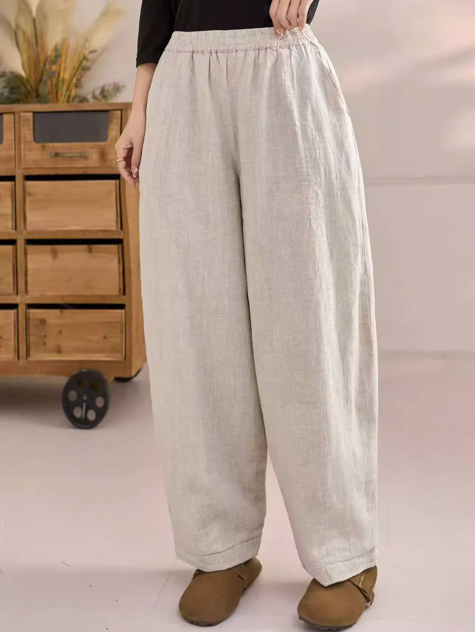 Winter Ramie Retro Solid Color Warm Elastic Waist Pants With Pockets
