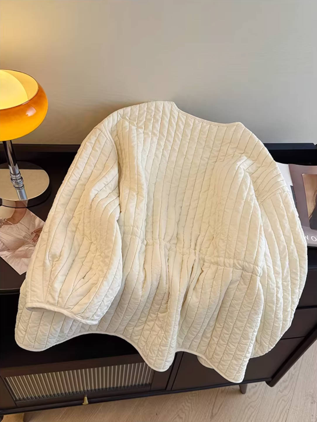 Solid Color Cotton Striped Round Neck Warm Cotton-In Coat