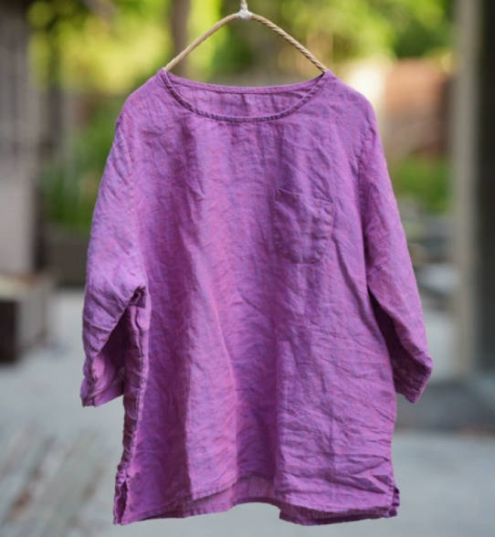 Women  Solid Color Round Neck Versatile Linen Slim Fit Casual Top