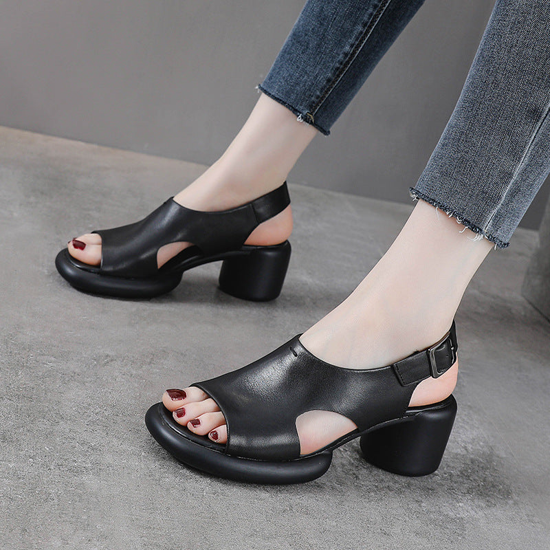 Spring Retro Leather Open Toe Chunky Casual Straped Sandals