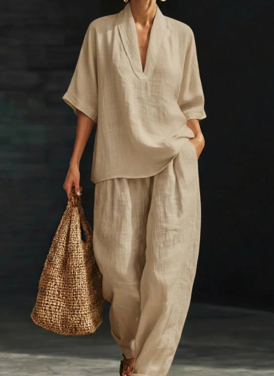 Spring Loose Solid Color Linen Casual Wide-Leg Pant Set